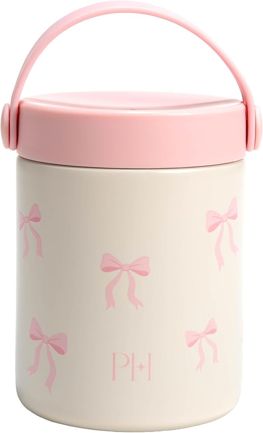 Paris Hilton Double Wall Stainless Steel Food Jar, Vacuum Insulated Leakproof Thermal Lunch Container with Printed Pink Bow Design, Keeps Food Hot or Cold for Hours, 15-Ounce, Marshmallow Dreams White