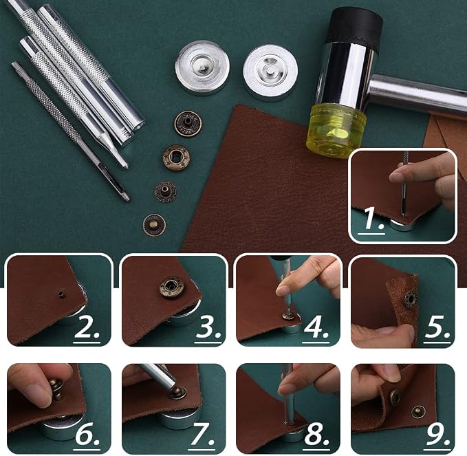 Yizzvb 320 Pcs Leather Rivets Kit, 60 Pcs Leather Snap Fasteners, 2 Size Double Cap Rivets Tubular, Double-Sided Nylon Hammer Fixing Tool Kit, Installation Tools for DIY Projects, Shoes and Repair