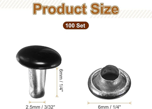 HARFINGTON 100 Sets Double Cap Leather Rivets, 6x6mm Round Cap Tubular Metal Studs Leather Crafting Rivets for Fabric Belt Pet Collar Boot Bag Repair and Decoration, Black