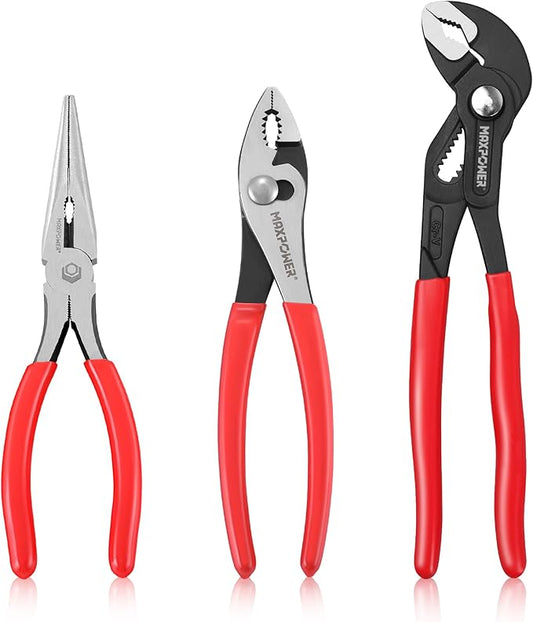 MAXPOWER 3-Piece Pliers Set, 10" Water Pump Pliers, 8" Slip Joint Plier, 8" Long Needle Nose, Adjustable Grip Tools for Repair, Home, and Workshop Use