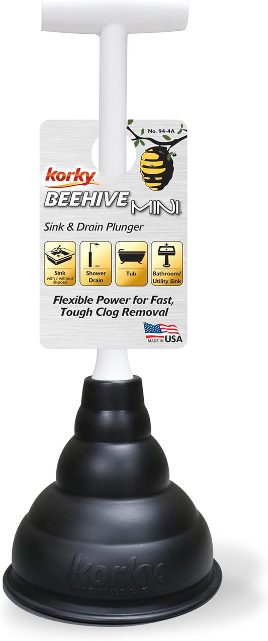 Korky Beehive Mini Sink and Drain Plunger - Works for Bathrooms, Kitchens, Sinks, Baths and Showers - Strong Suction Power for Easy Clog Removal