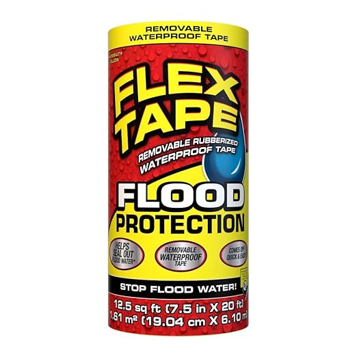 Flex Tape Flood Protection, 7.5 in x 20 ft, Waterproof Rubberized Tape, Removable, Use on Windows, Doors, Garage Doors, Casings, Thresholds, Conduits, Vents, Ducts