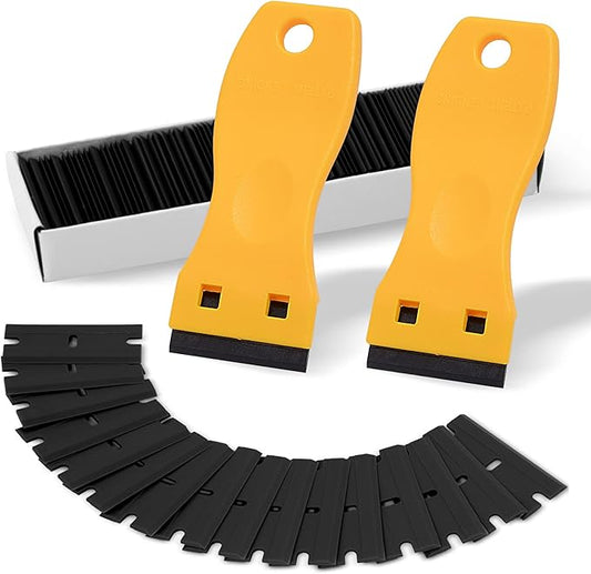FOSHIO 2PCS Plastic Razor Blade Scraper Tool and 100PCS Plastic Blades for Gasket Remover, Sticker Remover, Labels Decal and Adhesive Remover for Windows and Glass (Yellow)