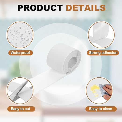 uxcell Caulk Tape Waterproof, 1.5 Inch x 10.5 ft Self-Adhesive Sealant Sealing Strip Caulking Sealant Tape PVC with Tool for Kitchen Sink Toilet Bathroom Bathtub Floor, White