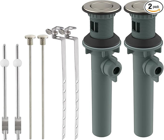 Hibbent 2 Pack Bathroom Sink Drain with Lift Rod, Lavatory Universal Pop Up Drain Stopper with Overflow for Bathroom Vanity Vessel Sink, Compatible with Moen, American Standard Hole, Brushed Nickel