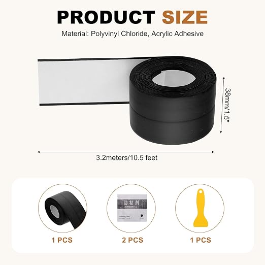 uxcell Caulk Tape Waterproof, 1.5 Inch x 10.5 ft Self-Adhesive Sealant Sealing Strip Caulking Sealant Tape PVC with Tool for Kitchen Sink Toilet Bathroom Bathtub Floor, Black