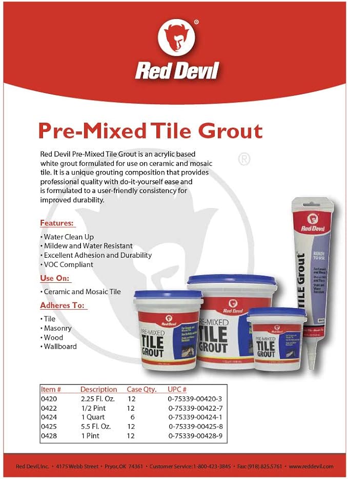 Red Devil 0424 Pre-Mixed Tile Grout - Professional Quality, Excellent Adhesion, Ideal for Wall & Floor Use - 1 Quart, White, Made in USA