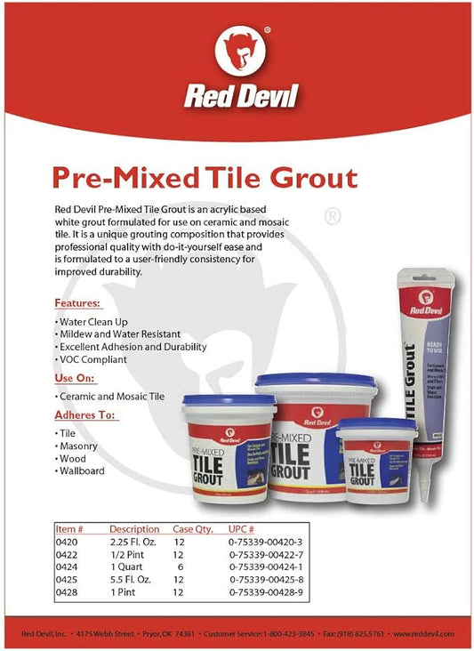 Red Devil 0428 Pre-Mixed Tile Grout - Professional Quality, Excellent Adhesion, Ideal for Wall & Floor Use - 1 Pint, White, Made in USA