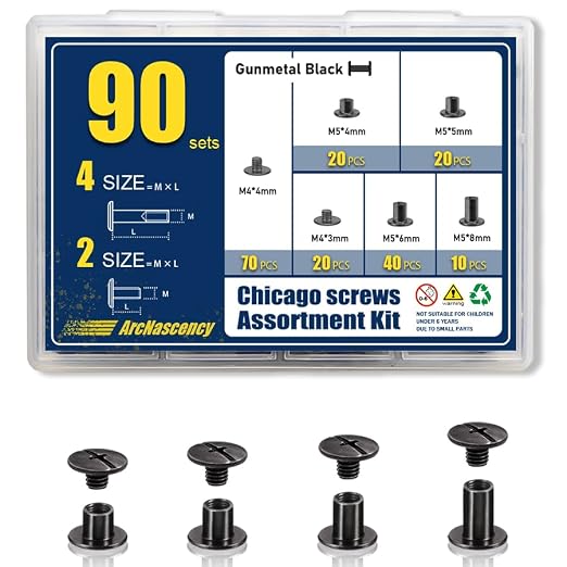 90 Sets Gunmetal Black Chicago Screws Leather Rivets Kit, 4 Sizes (M5*4,5,6,8) & 2 Screw Lengths (M4*3,4) for Belts, Bookbinding, DIY Leather (Gunmetal Black)