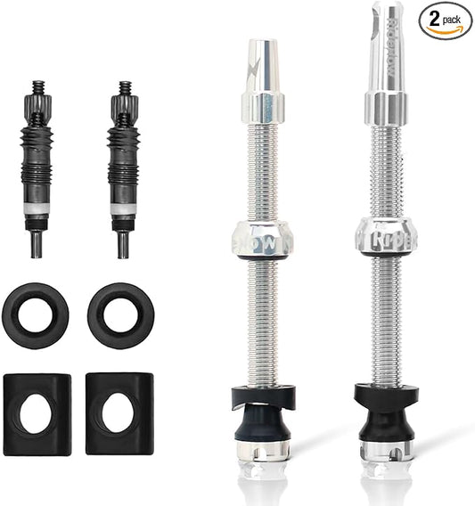 RideNow Tubeless Presta Valve Stems, 65mm Super Light 7075 Aluminum Alloy Presta Tubeless Valve Stem Kit with Valve Core Remover Tool and Valve Stem Caps, Multiple Color and Size Options(Pair), Silver