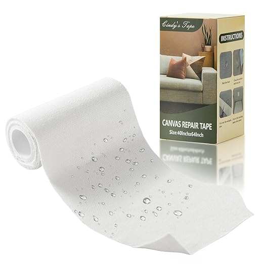 Linen Canvas Repair Tape, 4×63 Inches White Waterproof Self-Adhesive Patch for Outdoor Gear, Durable Fabric Tape for Boat Covers, Couch, Tents, Sofas, Sun Shades, Awnings, and Lounge Chairs