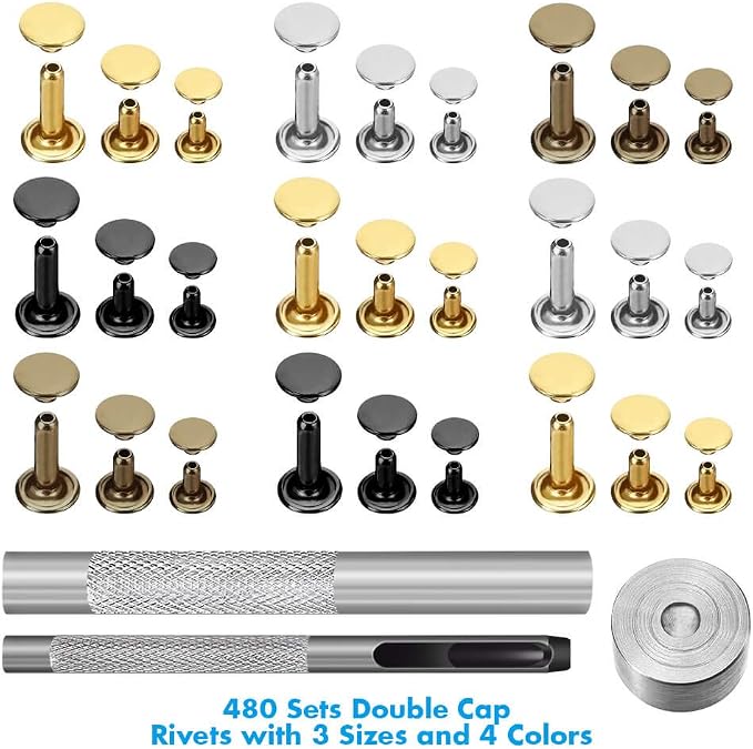 Paxcoo 480 Sets 3 Sizes Leather Rivets Double Cap Rivet Tubular Metal Studs with 3 Pieces Setting Tool Kit for Leather Craft Repairs Decoration, 4 Colors