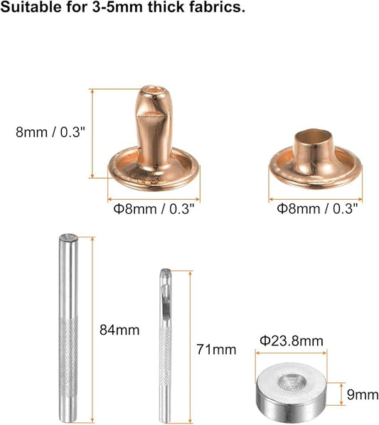 HARFINGTON 100 Sets Leather Rivets 8 x 8mm Metal Double Cap Rivet Snaps Studs Fasteners with 3pcs Setting Tools Rivets for Leather Craft DIY Repair Decoration, Light Gold Tone