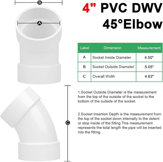 4" PVC DWV Sanitary 45-Degree Elbow Pipe Fitting Connector (Socket x Socket) White SCH40 4" PVC DWV 45° Elbow Corner Adapter for Drain, Waste, Vent