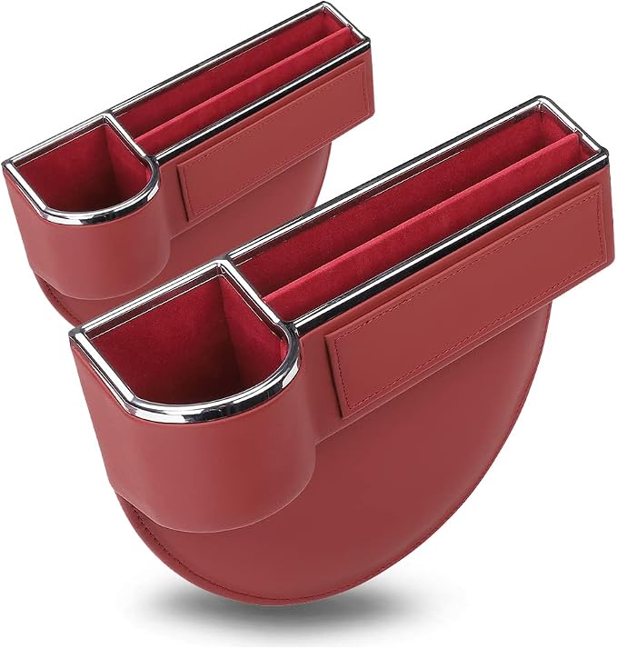 SANRILY 2 Pack Car Seat Gap Filler Organizer with Cup Holder Universal Fashion PU Leather Multifunctional Car Center Console Organizer with USB Hole Red