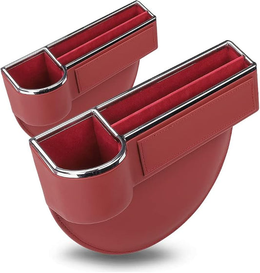 SANRILY 2 Pack Car Seat Gap Filler Organizer with Cup Holder Universal Fashion PU Leather Multifunctional Car Center Console Organizer with USB Hole Red