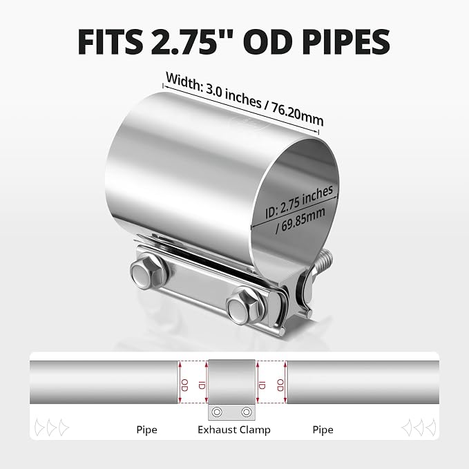 EVIL ENERGY 2.75 Inch Exhaust Clamp, 2 3/4" Butt Joint Band Clamp Sleeve Coupler Stainless Steel for Pipes, Mufflers, Catalytic Converters 4PCS
