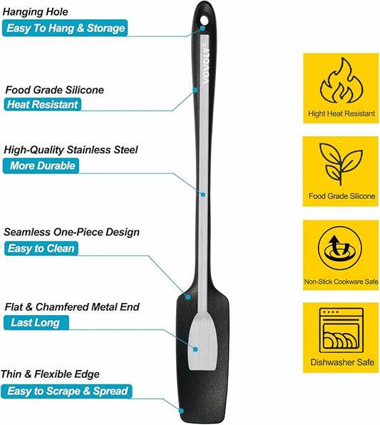 Vovoly Silicone Jar Spatula, Small Head with Long Handle, Rubber Spatulas Scraper for Jar, Blender, Bottle, etc. High Heat Resistant for Nonstick Cookware, Seamless, BPA Free, 11.2 Inch, Black.