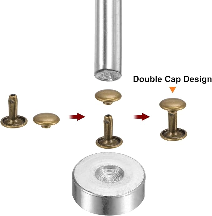 HARFINGTON 100 Sets Leather Rivets 12 x 9mm Metal Double Cap Rivet Snaps Studs Fasteners with 3pcs Setting Tools for Leather Craft DIY Repair Decoration, Bronze