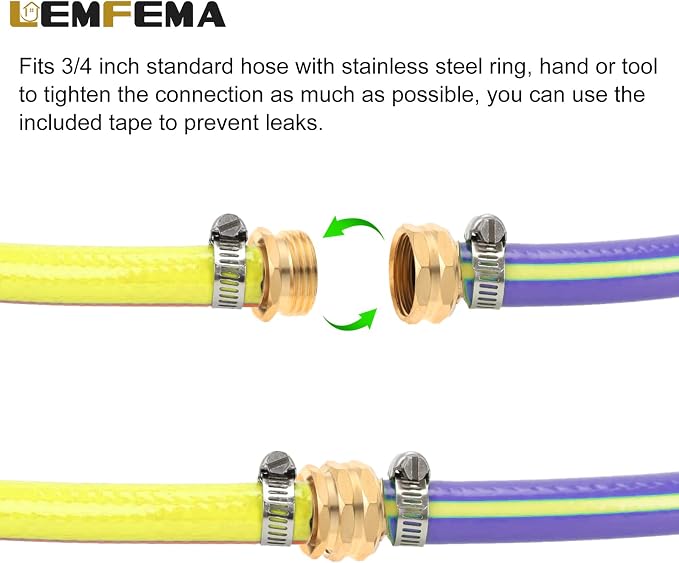 4 Sets 3/4 Inch Garden Hose Connector Solid Brass Repair Kit, Water Hose Mender Female and Male Water Hose Connector with Tape, Stainless Steel Clamp and Rubber Gasket