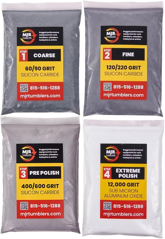 Rock Tumbler Grit Kit Refill for 6lb Tumblers, 4 Step Silicon Carbide & 12,000 Grit Aluminum Oxide Polish, Stone Polishing Kit for Rotary & Vibratory Rock Tumblers