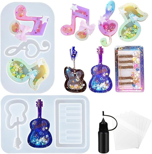 Resin Shaker Molds Set Music Keychain Charm Pack of 8 Silicone Trays Seal Films Precision Tip Applicator Bottle Kits Bundle