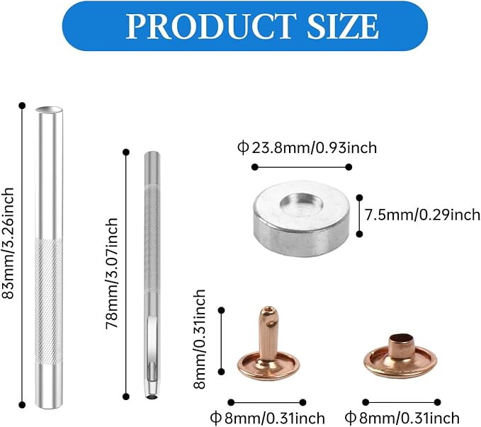 100 Sets Leather Rivets 8x8mm Double Cap Rivets Snaps Metal Studs Fasteners with 3pcs Setting Tools for Leather Craft DIY Repair Decoration, Light Gold Tone