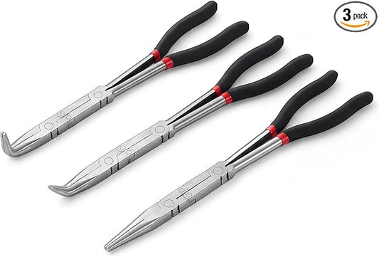 3 Pack 13 Inch Long Reach Needle Nose Pliers Set, Double Rivet with Straight 45° 90° Bent Tips for Automotive Hose Removal, Engine Repair and Tight Spaces