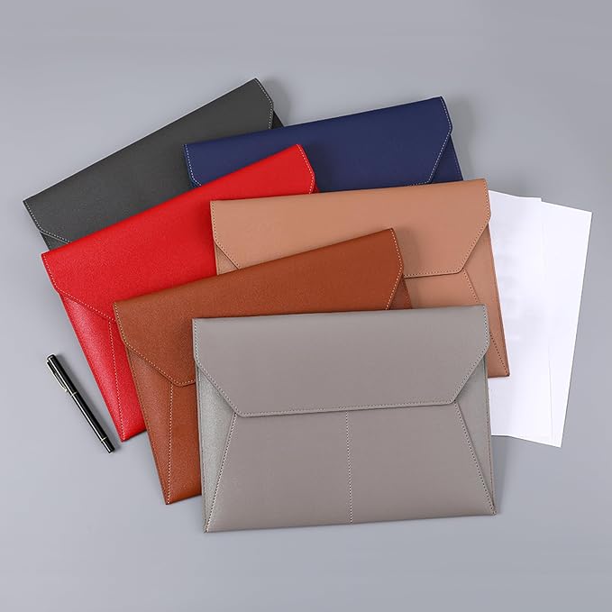 PU Leather A4 File Folder Document Holder with 3 Pockets Waterproof Stylish Envelope Folder Case with Snap Closure (Dark Gray)