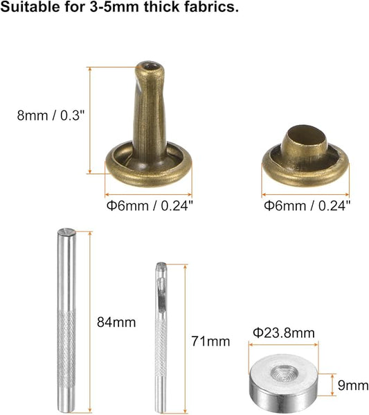 HARFINGTON 100 Sets Leather Rivets 8 x 6mm Metal Double Cap Rivet Snaps Studs Fasteners with 3pcs Setting Tools Rivets for Leather Craft DIY Repair Decoration, Bronze