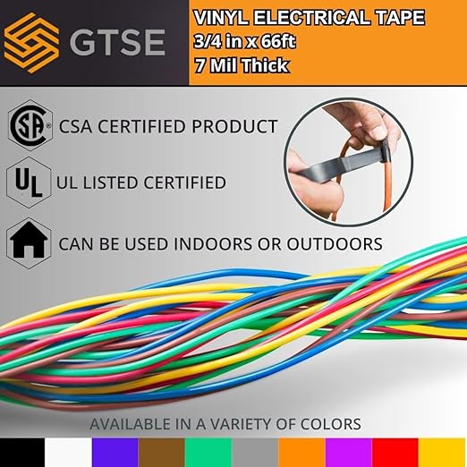 GTSE Mixed Colors Electrical Tape, 240-Pack – Waterproof, Industrial Grade Vinyl, 3/4 in x 66ft– Strong Self-Adhesive PVC Electric Tape for Wire Insulation, 7 Mil, 600V – UL/CSA Listed