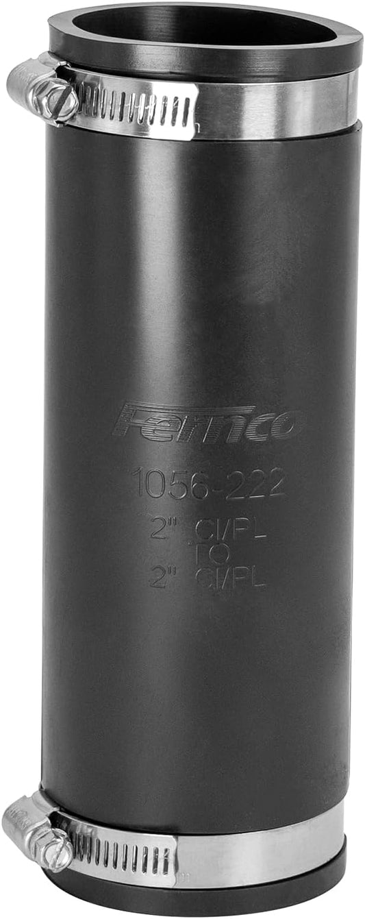 Fernco XL 1056-222 Flexible Pipe Coupling 2" to 2", Extra-Long Connector for CI, PVC, ABS & Steel Pipe with Stainless Steel Clamps