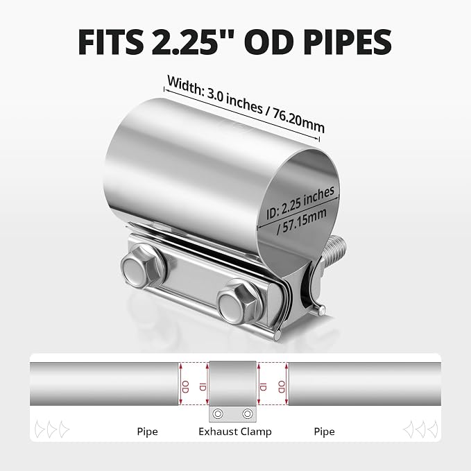EVIL ENERGY 2.25 Inch Exhaust Clamp, 2 1/4" Butt Joint Band Clamp Sleeve Coupler Stainless Steel for Pipes, Mufflers, Catalytic Converters 4PCS
