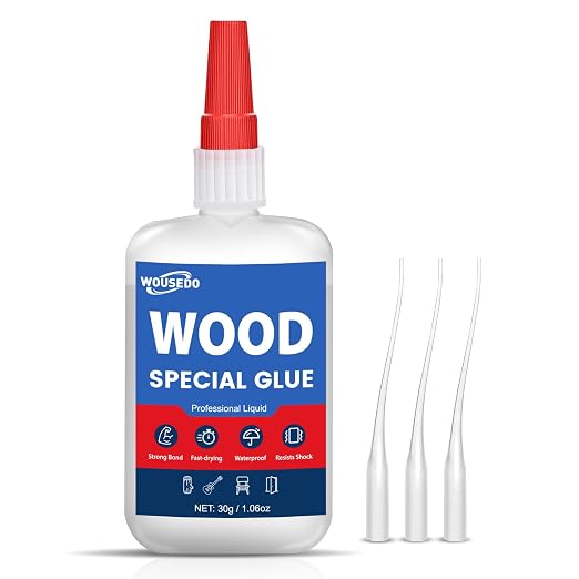 WOUSEDO Wood Glue 30g, Clear Fast Drying Cyanoacrylate Adhesive | CA Glue for Timber, Hardwood, Softwood, Particle Board, Furniture, Ideal for Woodworking & Craft Repair, Waterproof & Strong