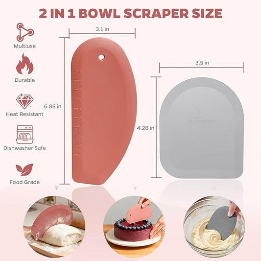 Bowl Scraper Dough Scraper Tool - Set of 2 Silicone Bench Scraper for Baking, Kitchen Pastry Scraper for Bread, Cake, Batter, cheese, Cream, Honey, Jam, Food Scraper with Curved Edge, Red & Grey