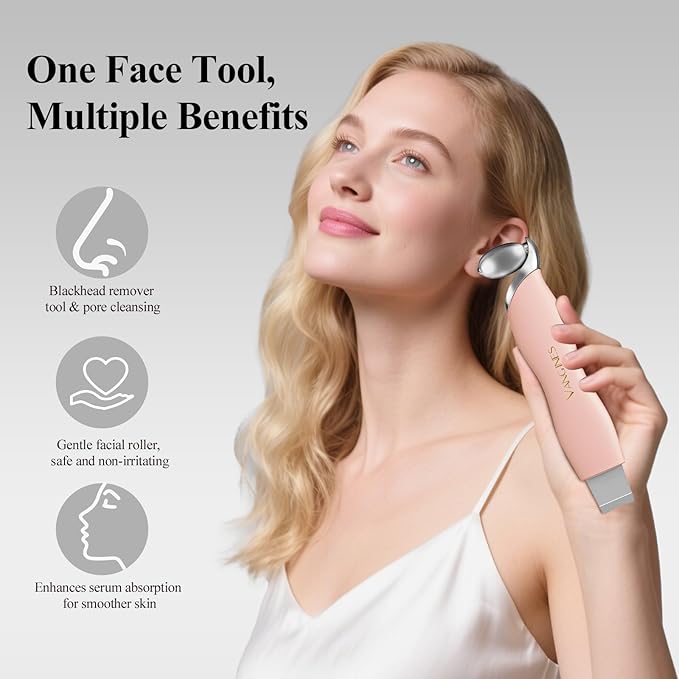 Blackhead Remover Tool with Ice Roller, Stainless Steel Face Scraper, Skin Scrubber Face Spatula for Deep Cleansing, 3-in-1 Skin Care Tool with 2 Silicone Brush Heads(Dusty Rose)