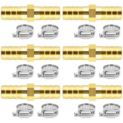 Da by 6 pcs 3/8"(10mm) Barb Splicer Mender Hose Brass Barb Fitting with 12 pcs Stainless Steel Pipe Clamps for Water/Fuel/Air
