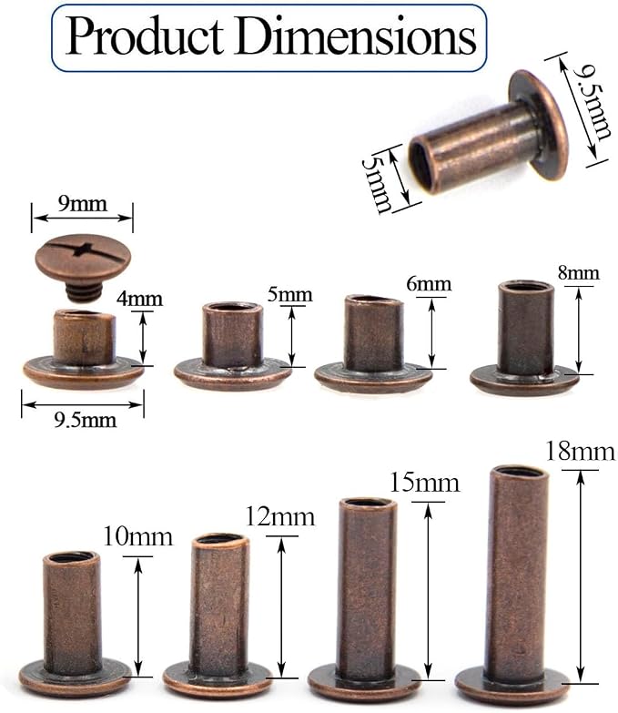 ALLOYGOLD 110 Sets Red Cooper Chicago Screws Assorted Kit 8 Sizes Leather Rivets Screw Flat Fillister Book BindingPosts Nail Rivet Chicago Bolts for DIY Leather Craft (M5 X 4,5,6,8,10,12,15,18)