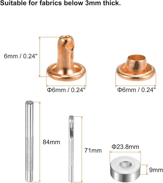 HARFINGTON 100 Sets Leather Rivets 6 x 6mm Metal Double Cap Rivet Snaps Studs Fasteners with 3pcs Setting Tools for Leather Craft DIY Repair Decoration, Light Gold Tone