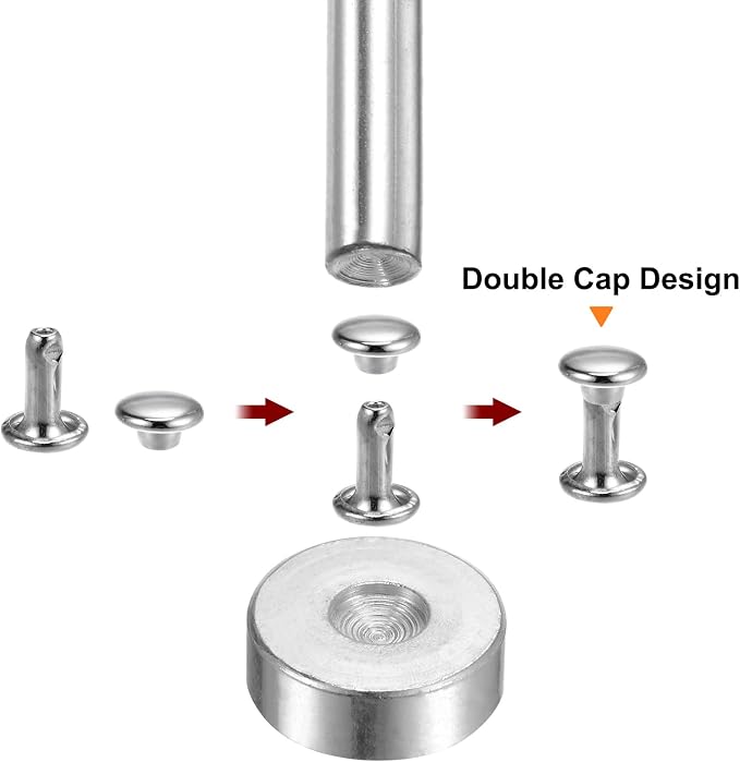 HARFINGTON 100 Sets Leather Rivets 10 x 7mm Metal Double Cap Rivet Snaps Studs Fasteners with 3pcs Setting Tools Rivets for Leather Craft DIY Repair Decoration, Silver Tone