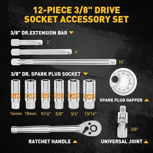 ELEAD 12-Piece 3/8" Drive Spark Plug Socket Set with Ratchet Handle, Universal Joint, Spark Plug Gapper & Extension Bar, 9/16", 5/8", 3/4", 13/16", 14mm, 18mm, CR-V Sockets with Rubber Holding Rings