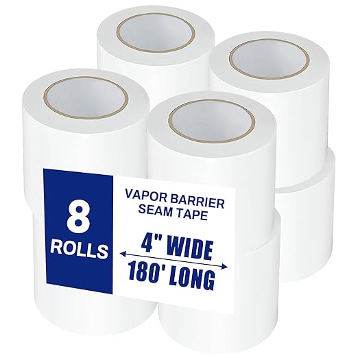 Bghdas 8 Roll, White Vapor Barrier Tape, 4" Wide x 180' Long, PE 9 mm Polyethylene Tape, for Stucco Waterproof Moisture Barriers Seal and Seam, for Crawlspaces, Insulation Repairs & Plastic Liners