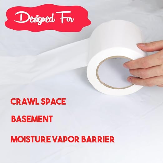 White Vapor Barrier Tape, 4 Inch x 100 Feet White Vinyl Polyethylene Seal Tape for Crawl Space, Moisture Barrier Seam, Waterproof Seam Tape, 7 Mil Poly Tape