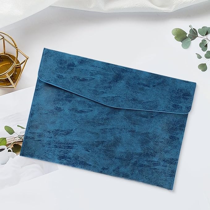 A4 PU Leather Portfolio Filing Envelope Oragnizer Thin Waterproof File Holder Document Folder with Snap Closure Pocket Letter Receipt Storage Case for Contract Stationery Tablet(Blue)
