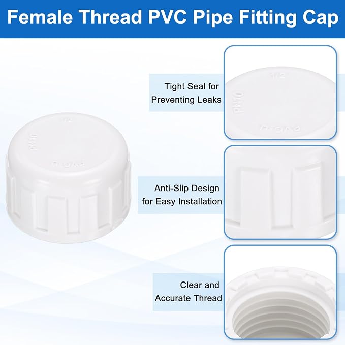 uxcell 5Pcs 1/2 Inch PT Female Thread PVC Pipe Fitting Cap, Cleanout Water Drain End Caps, Pipe Plug Socket Fittings with Tape for Water Heater Supply Lines, Plumbing, White