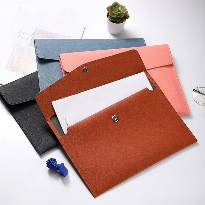 PU Leather A4 Document File Holder Folder Brown for Letter Size Waterproof Portfolio Filing Envelope Oragnizer Pocket Storage Case with Snap Closure for Receipt Contract Stationery Tablet