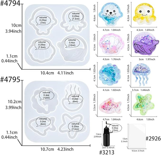 Resin Shaker Molds Set Sea Animals Keychain Charms Pack of 8 Epoxy Silicone Trays Precision Tip Applicator Bottle Kit Bundle