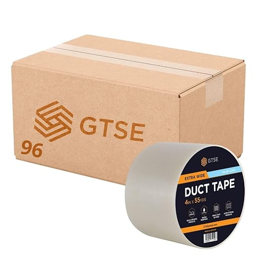 GTSE Wide Duct Tape, Clear, 4 Inches x 55 Yards (164 ft), Heavy Duty, Waterproof Repair Tape for Indoor or Outdoor Use, 96 Rolls