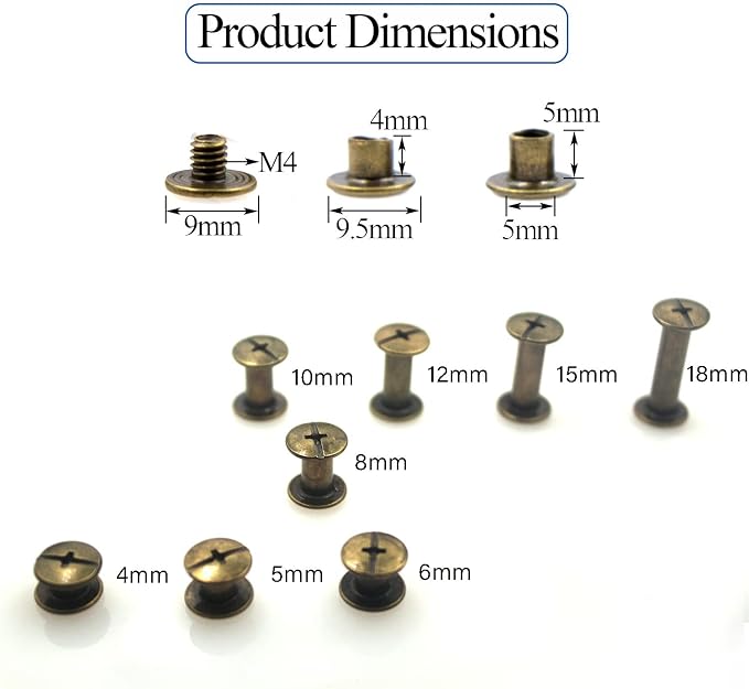Chicago Screws Assorted Kit 110 Sets 8 Sizes of Round Head Stud Leather Screws Chicago Rivets for DIY Leather Decoration Bookbinding (M5*4,5,6,8,10,12,15,18)（Bronze）