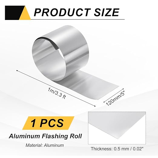 uxcell Aluminum Flashing Roll, 5in x 3.3ft Metal Roof Panels 0.5mm Waterproof Aluminum Sheet Roll for House Repair, Roof Flashing, Sealing Windows Doors, DIY Projects